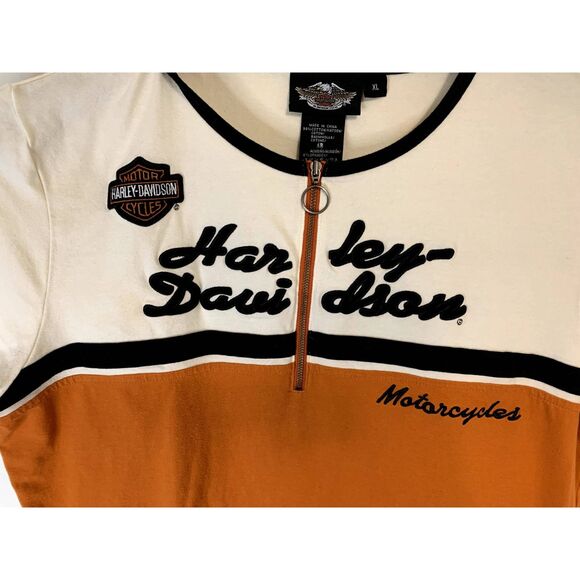 Harley Davidson Color Block Orange White Logo Zip Down Shirt Size XL - Picture 2 of 8
